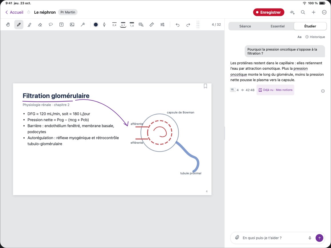 Studeren: een vraag over de les en een antwoord dat de dia en de minuut citeert.